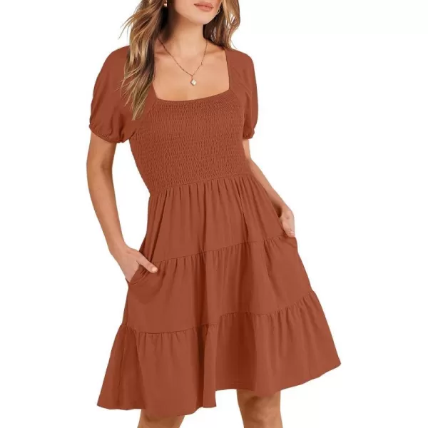 imageANRABESS Womens Summer Mini Dresses 2024 Casual Square Neck Smocked Puff Sleeve Cute Short DressBrown