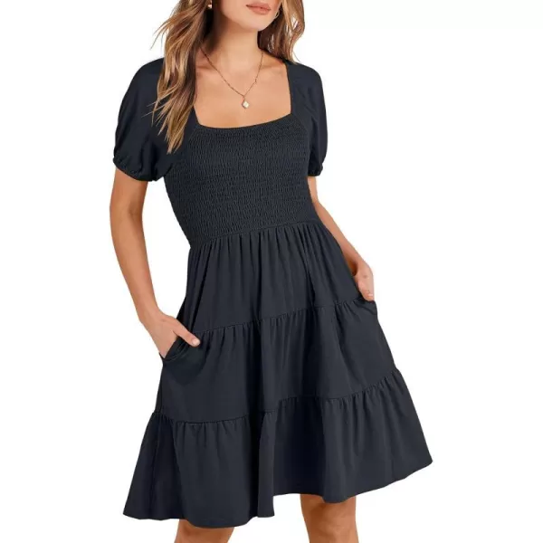 imageANRABESS Womens Summer Mini Dresses 2024 Casual Square Neck Smocked Puff Sleeve Cute Short DressDark Blue