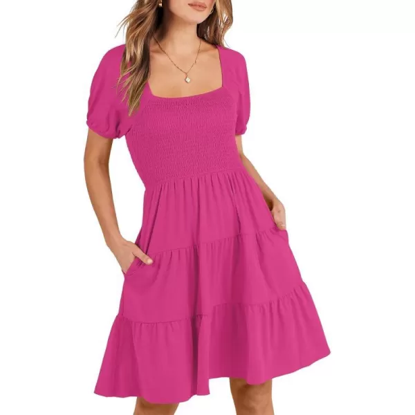 imageANRABESS Womens Summer Mini Dresses 2024 Casual Square Neck Smocked Puff Sleeve Cute Short DressHot Pink