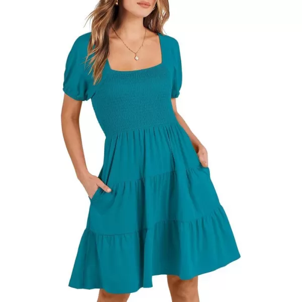 imageANRABESS Womens Summer Mini Dresses 2024 Casual Square Neck Smocked Puff Sleeve Cute Short DressLake Green