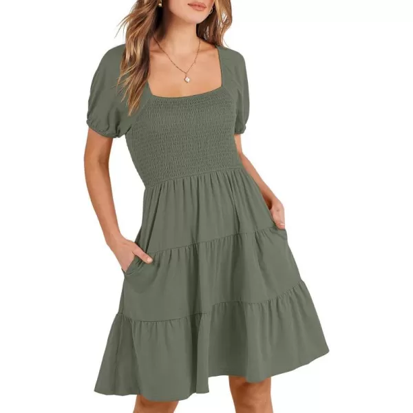 imageANRABESS Womens Summer Mini Dresses 2024 Casual Square Neck Smocked Puff Sleeve Cute Short DressOlive Green