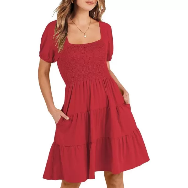 imageANRABESS Womens Summer Mini Dresses 2024 Casual Square Neck Smocked Puff Sleeve Cute Short DressRed