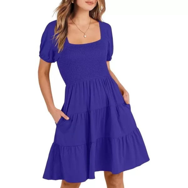 imageANRABESS Womens Summer Mini Dresses 2024 Casual Square Neck Smocked Puff Sleeve Cute Short DressRoyal Blue