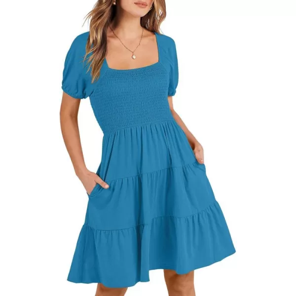 imageANRABESS Womens Summer Mini Dresses 2024 Casual Square Neck Smocked Puff Sleeve Cute Short DressSky Blue