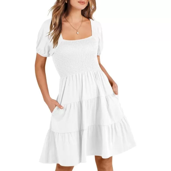 imageANRABESS Womens Summer Mini Dresses 2024 Casual Square Neck Smocked Puff Sleeve Cute Short DressWhite