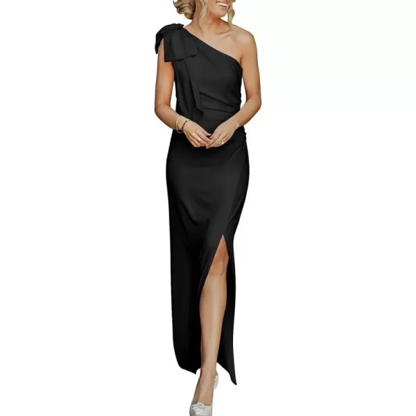 imageANRABESS Womens Summer One Shoulder Long Formal Dresses Sleeveless Ruched Bodycon Wedding Guest Slit Maxi DressBlack