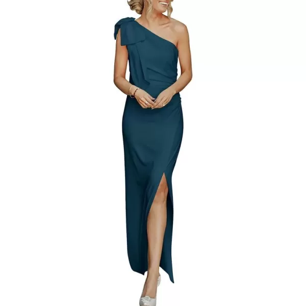 imageANRABESS Womens Summer One Shoulder Long Formal Dresses Sleeveless Ruched Bodycon Wedding Guest Slit Maxi DressDeep Blue