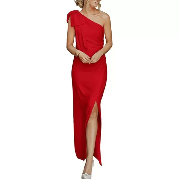 imageANRABESS Womens Summer One Shoulder Long Formal Dresses Sleeveless Ruched Bodycon Wedding Guest Slit Maxi DressRed