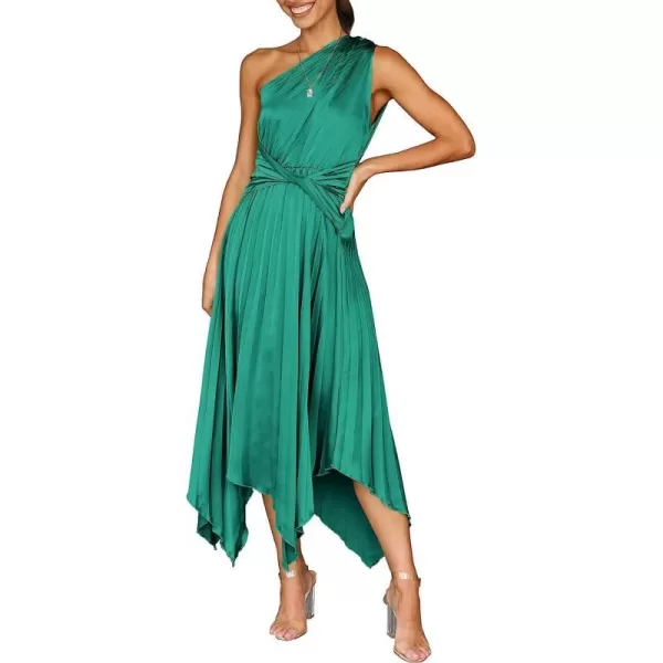 imageANRABESS Womens Summer One Shoulder Midi Dress Sleeveless Twist Pleated Asymmetric Satin Cocktail Party DressGreen