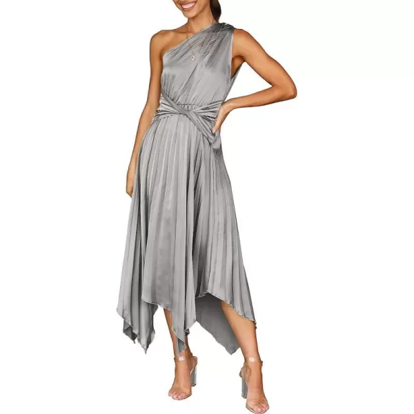 imageANRABESS Womens Summer One Shoulder Midi Dress Sleeveless Twist Pleated Asymmetric Satin Cocktail Party DressGrey