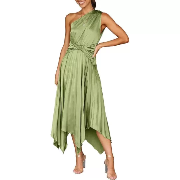 imageANRABESS Womens Summer One Shoulder Midi Dress Sleeveless Twist Pleated Asymmetric Satin Cocktail Party DressPea Green
