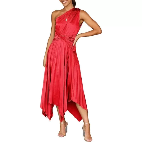 imageANRABESS Womens Summer One Shoulder Midi Dress Sleeveless Twist Pleated Asymmetric Satin Cocktail Party DressRed