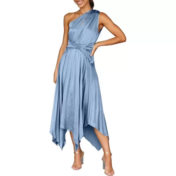 imageANRABESS Womens Summer One Shoulder Midi Dress Sleeveless Twist Pleated Asymmetric Satin Cocktail Party DressSky