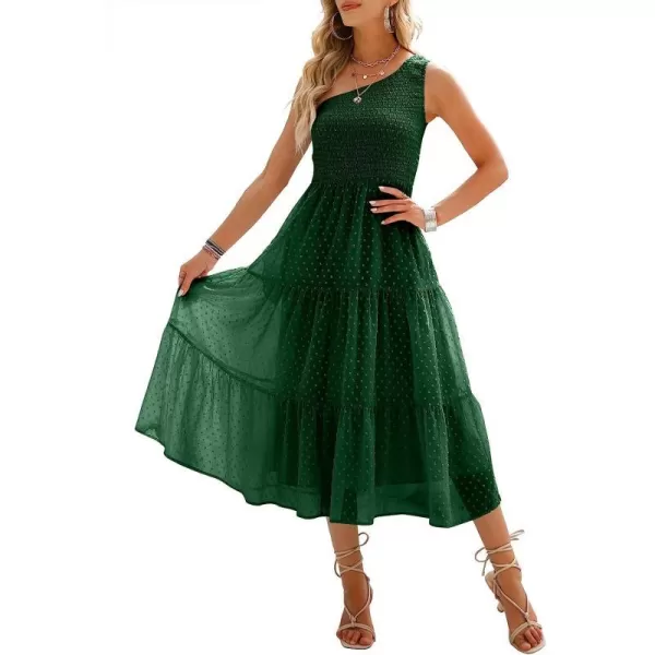 imageANRABESS Womens Summer One Shoulder Sundress Sleeveless Swiss Dot Smocked Flowy Tiered Beach Long DressDeep Green