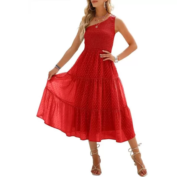 imageANRABESS Womens Summer One Shoulder Sundress Sleeveless Swiss Dot Smocked Flowy Tiered Beach Long DressRed