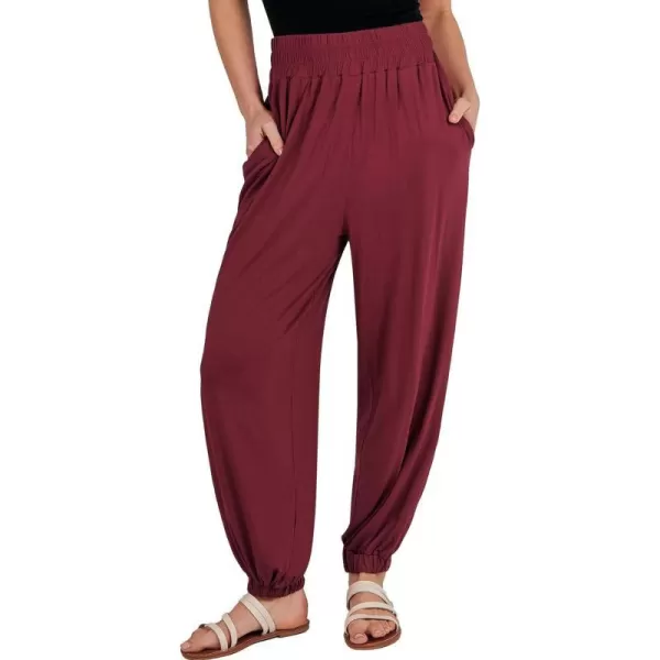 imageANRABESS Womens Summer Palazzo Pants Casual Loose Elastic High Waist Lounge Baggy Joggers Trousers with PocketsClaretred
