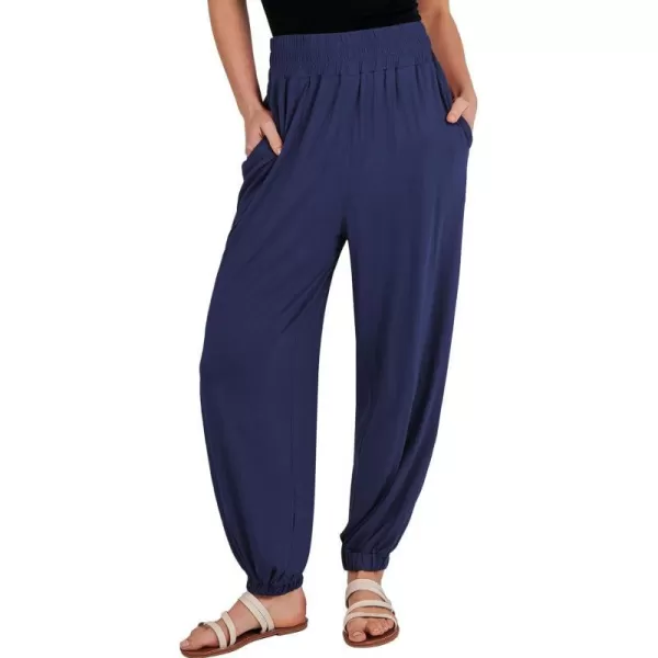 imageANRABESS Womens Summer Palazzo Pants Casual Loose Elastic High Waist Lounge Baggy Joggers Trousers with PocketsNavy Blue