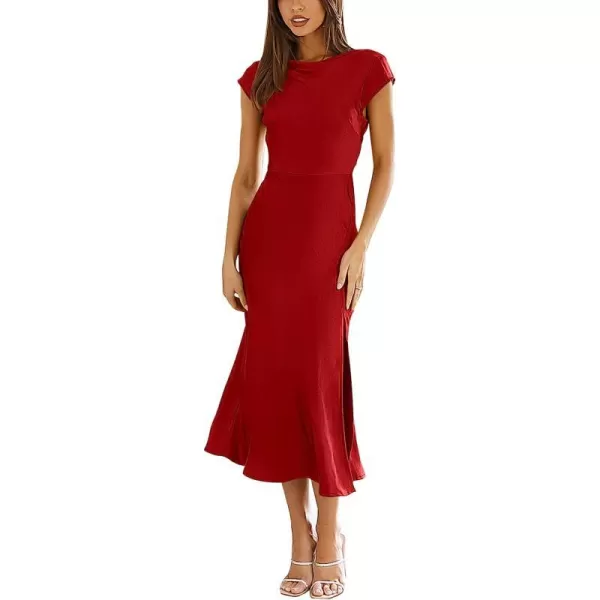 imageANRABESS Womens Summer Satin Dress Short Sleeves Elegant Bodycon Cocktail Formal Midi DressRed