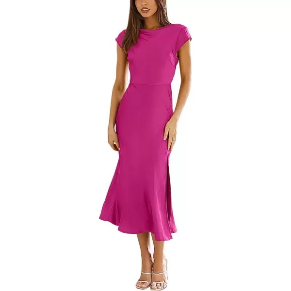 imageANRABESS Womens Summer Satin Dress Short Sleeves Elegant Bodycon Cocktail Formal Midi DressRose Red