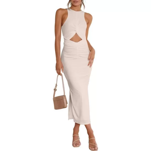 imageANRABESS Womens Summer Sexy Sleeveless Cut Out Slim Bodycon Dress Crisscross Twist Ruched Slit Ribbed Knit Midi DressApricot