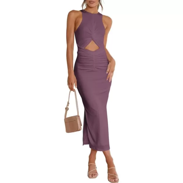 imageANRABESS Womens Summer Sexy Sleeveless Cut Out Slim Bodycon Dress Crisscross Twist Ruched Slit Ribbed Knit Midi DressDark Purple