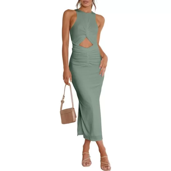 imageANRABESS Womens Summer Sexy Sleeveless Cut Out Slim Bodycon Dress Crisscross Twist Ruched Slit Ribbed Knit Midi DressGreen