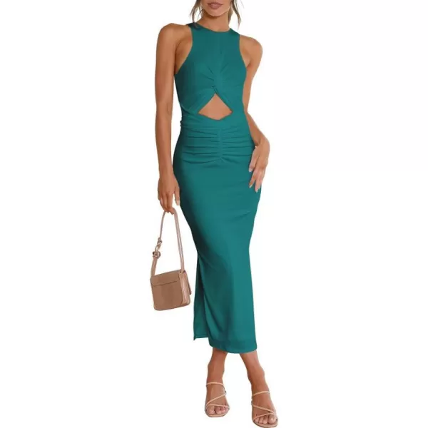 imageANRABESS Womens Summer Sexy Sleeveless Cut Out Slim Bodycon Dress Crisscross Twist Ruched Slit Ribbed Knit Midi DressLake