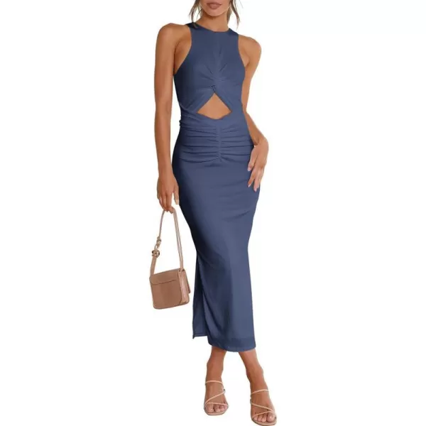 imageANRABESS Womens Summer Sexy Sleeveless Cut Out Slim Bodycon Dress Crisscross Twist Ruched Slit Ribbed Knit Midi DressNavy Blue