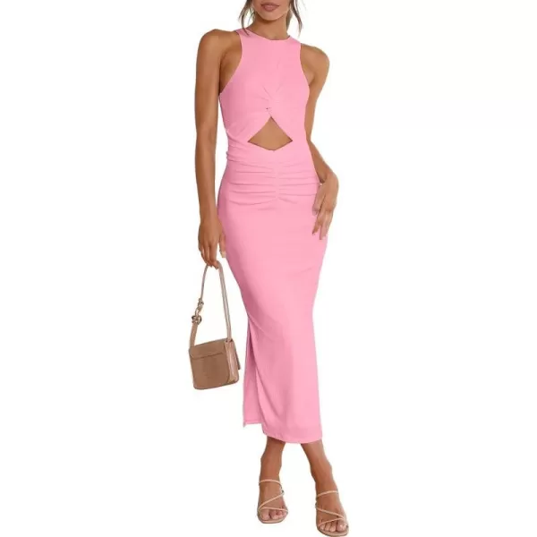 imageANRABESS Womens Summer Sexy Sleeveless Cut Out Slim Bodycon Dress Crisscross Twist Ruched Slit Ribbed Knit Midi DressPink