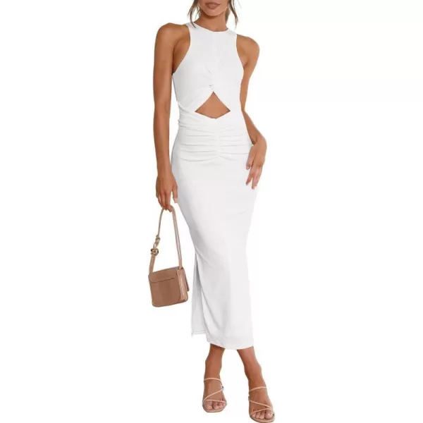 imageANRABESS Womens Summer Sexy Sleeveless Cut Out Slim Bodycon Dress Crisscross Twist Ruched Slit Ribbed Knit Midi DressWhite