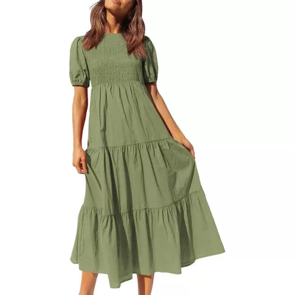 imageANRABESS Womens Summer Short Sleeve Crewneck Smocked Sundress Tiered Swing A Line Beach Midi Dress with PocketsArmy Green