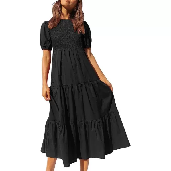 imageANRABESS Womens Summer Short Sleeve Crewneck Smocked Sundress Tiered Swing A Line Beach Midi Dress with PocketsBlack