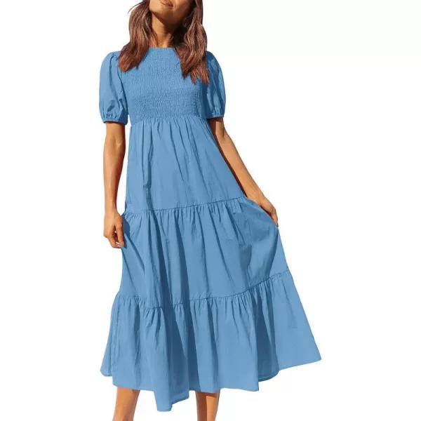 imageANRABESS Womens Summer Short Sleeve Crewneck Smocked Sundress Tiered Swing A Line Beach Midi Dress with PocketsBlue