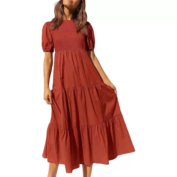 imageANRABESS Womens Summer Short Sleeve Crewneck Smocked Sundress Tiered Swing A Line Beach Midi Dress with PocketsBrick