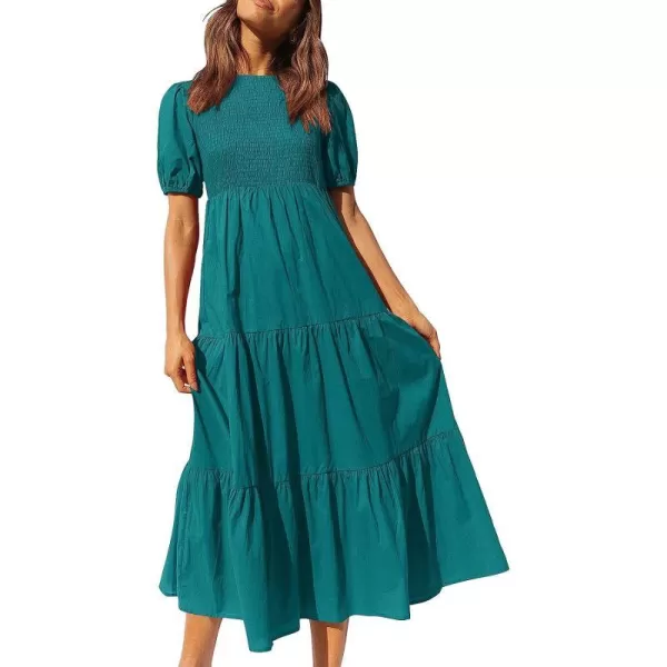 imageANRABESS Womens Summer Short Sleeve Crewneck Smocked Sundress Tiered Swing A Line Beach Midi Dress with PocketsCyan Blue