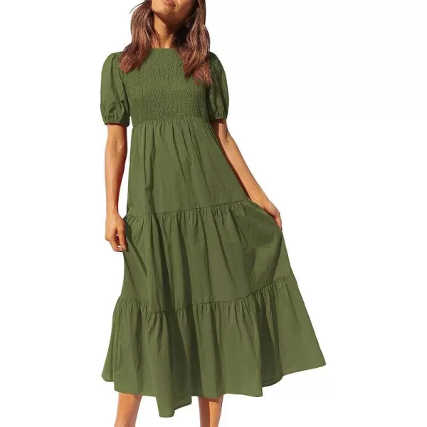 imageANRABESS Womens Summer Short Sleeve Crewneck Smocked Sundress Tiered Swing A Line Beach Midi Dress with PocketsDeep Green