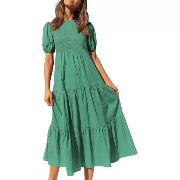 imageANRABESS Womens Summer Short Sleeve Crewneck Smocked Sundress Tiered Swing A Line Beach Midi Dress with PocketsForest