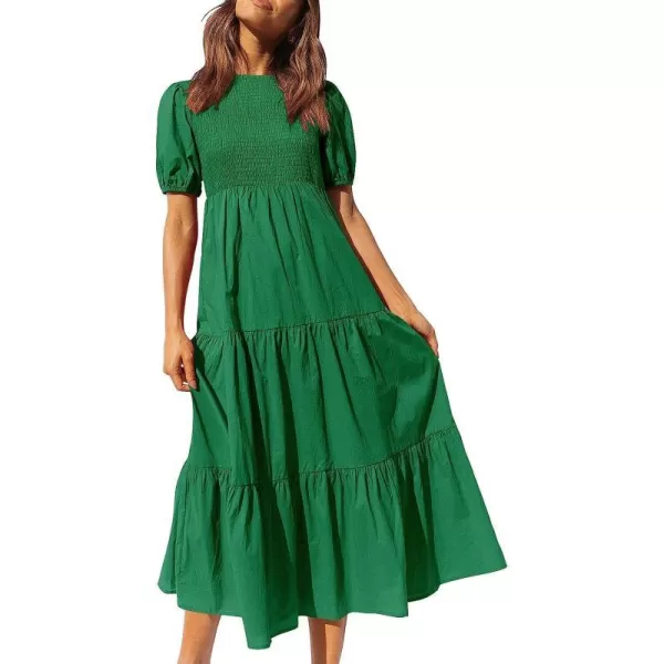 imageANRABESS Womens Summer Short Sleeve Crewneck Smocked Sundress Tiered Swing A Line Beach Midi Dress with PocketsGreen
