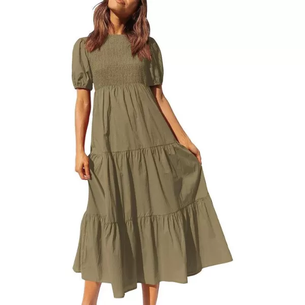 imageANRABESS Womens Summer Short Sleeve Crewneck Smocked Sundress Tiered Swing A Line Beach Midi Dress with PocketsKhaki