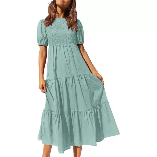 imageANRABESS Womens Summer Short Sleeve Crewneck Smocked Sundress Tiered Swing A Line Beach Midi Dress with PocketsLake