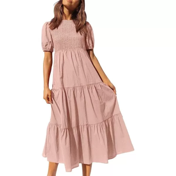 imageANRABESS Womens Summer Short Sleeve Crewneck Smocked Sundress Tiered Swing A Line Beach Midi Dress with PocketsPink