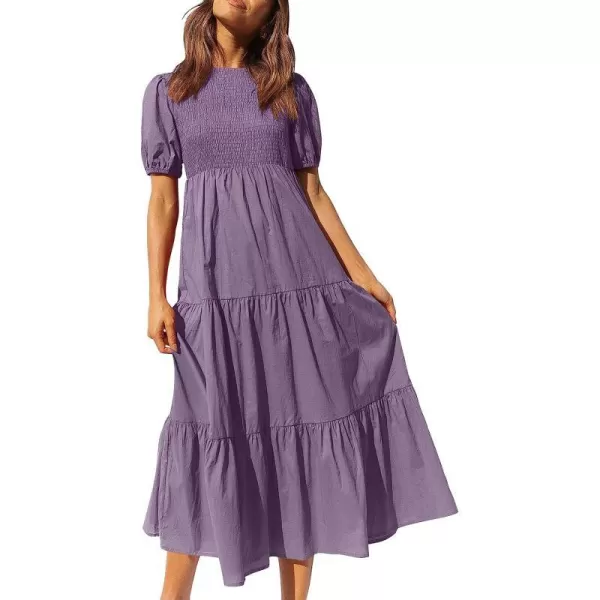 imageANRABESS Womens Summer Short Sleeve Crewneck Smocked Sundress Tiered Swing A Line Beach Midi Dress with PocketsPurple