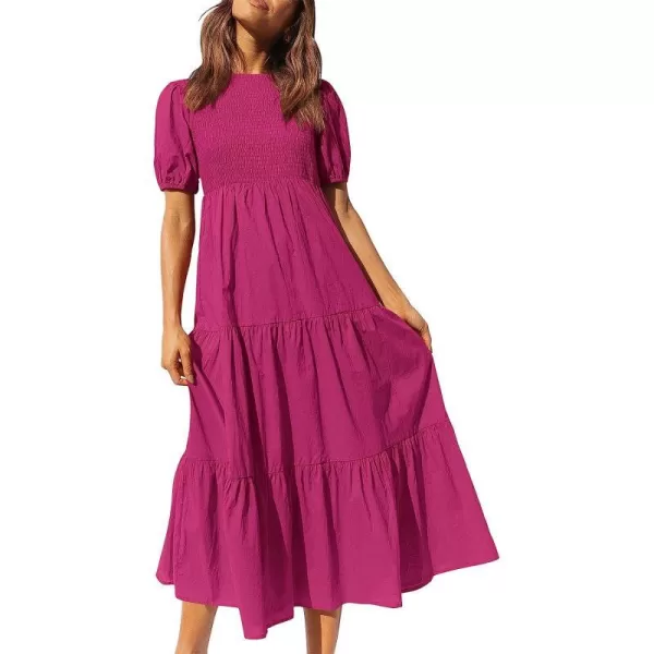 imageANRABESS Womens Summer Short Sleeve Crewneck Smocked Sundress Tiered Swing A Line Beach Midi Dress with PocketsRose