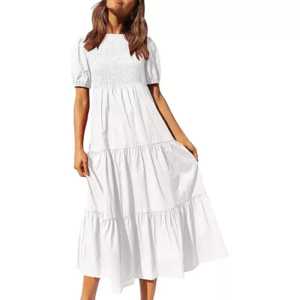 imageANRABESS Womens Summer Short Sleeve Crewneck Smocked Sundress Tiered Swing A Line Beach Midi Dress with PocketsWhite