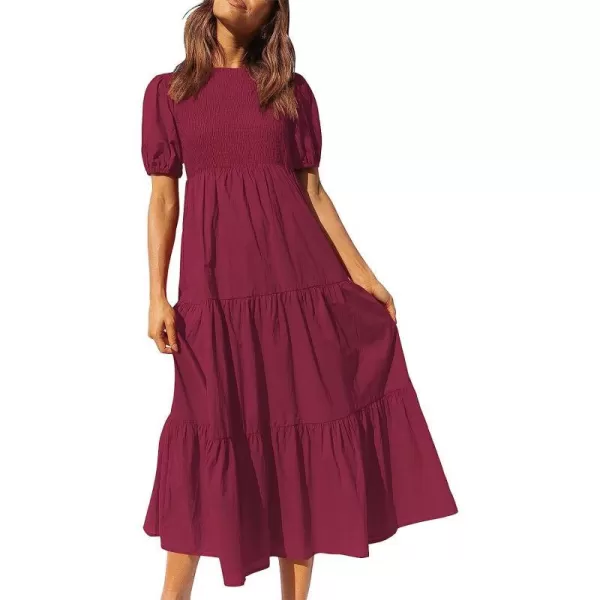 imageANRABESS Womens Summer Short Sleeve Crewneck Smocked Sundress Tiered Swing A Line Beach Midi Dress with PocketsWinered