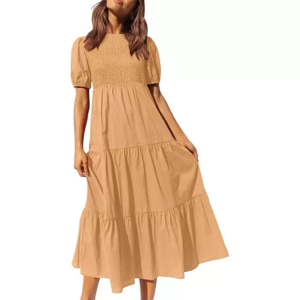 imageANRABESS Womens Summer Short Sleeve Crewneck Smocked Sundress Tiered Swing A Line Beach Midi Dress with PocketsYellow