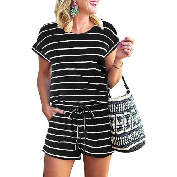 imageANRABESS Womens Summer Short Sleeve Striped Jumpsuit Rompers with Pockets Short Pant Rompers Pajamas Loungewear01 Black amp White