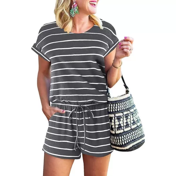 imageANRABESS Womens Summer Short Sleeve Striped Jumpsuit Rompers with Pockets Short Pant Rompers Pajamas Loungewear01 Grey amp White