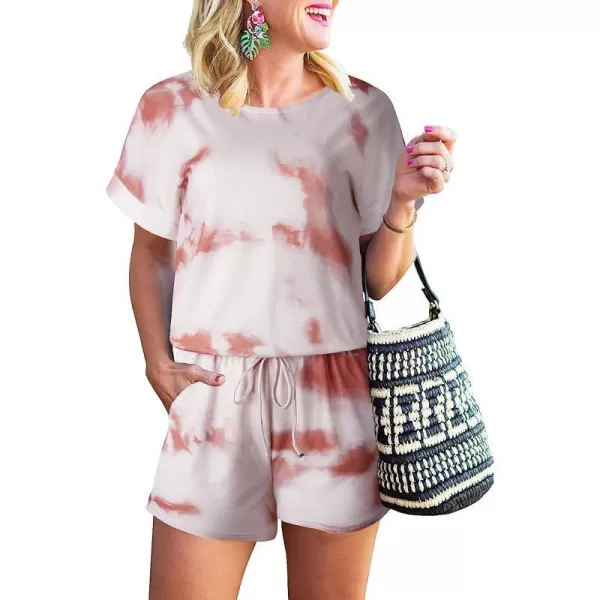 imageANRABESS Womens Summer Short Sleeve Striped Jumpsuit Rompers with Pockets Short Pant Rompers Pajamas Loungewear01 Tie Dye Rust