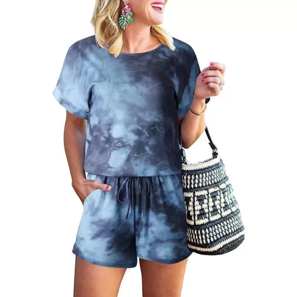 imageANRABESS Womens Summer Short Sleeve Striped Jumpsuit Rompers with Pockets Short Pant Rompers Pajamas Loungewear01 Tie Dye Space